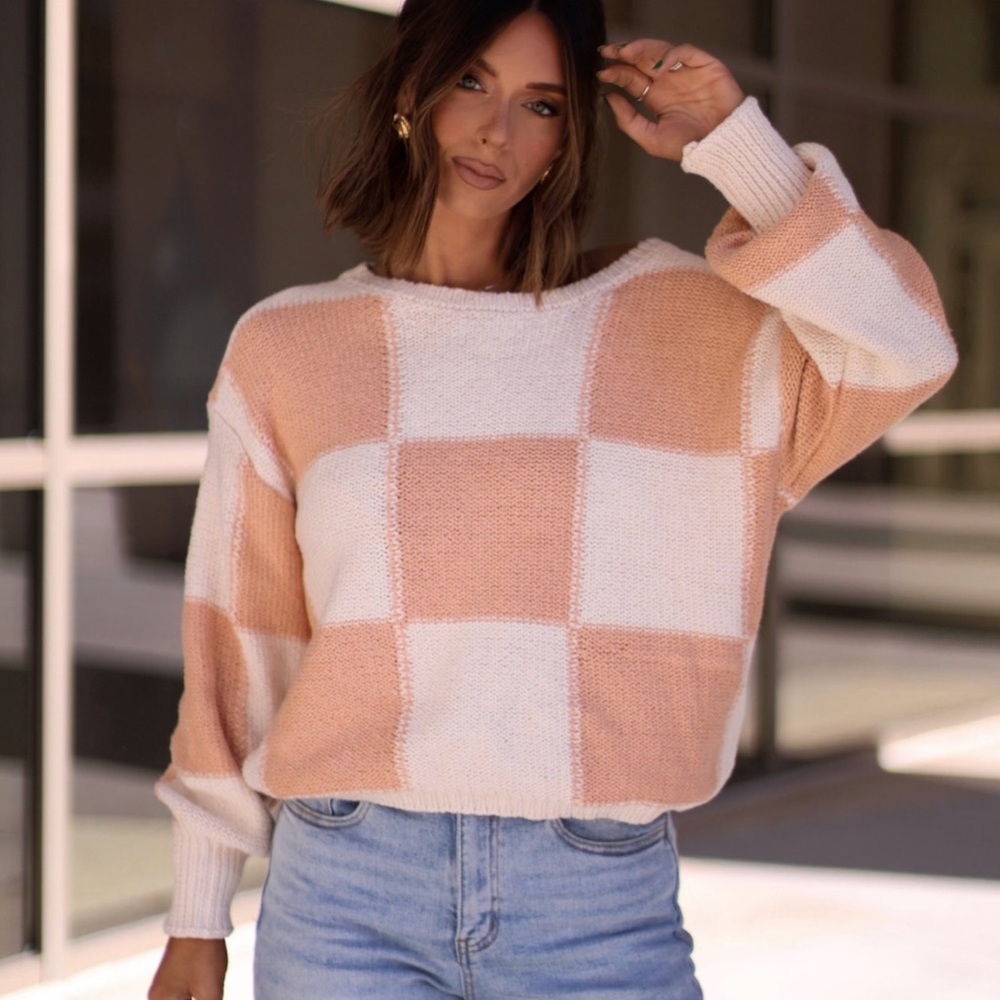 Cozy Coral Checkered Knit Sweater - Women